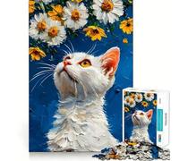 White Cat Gazing at Daisies Jigsaw 1000 Pieces for Teenagers Mind Boost Fun Zero Gap Captivating Leisure for Cozy Indoors (38x52cm)