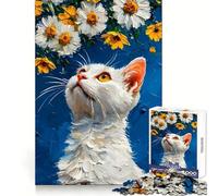 White Cat Gazing at Daisies Jigsaw Puzzles for Teenagers 1000 Focus Ability Relaxed Leisure Interlock Well Best Gift (38x52cm)