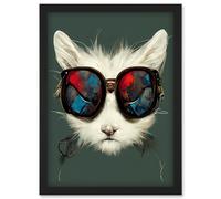 White Cat Head With Aviator Sunglasses Painting Artwork Framed Wall Art Print A4 Artery8 Black One Size