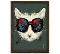 White Cat Head With Aviator Sunglasses Painting Artwork Framed Wall Art Print A4 Artery8 Brown One Size