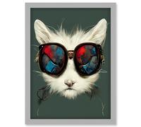 White Cat Head With Aviator Sunglasses Painting Artwork Framed Wall Art Print A4 Artery8 Light Grey One Size