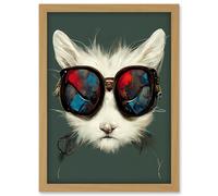 White Cat Head With Aviator Sunglasses Painting Artwork Framed Wall Art Print A4 Artery8 Light Oak One Size