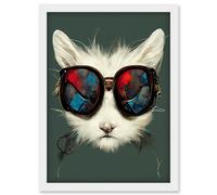 White Cat Head With Aviator Sunglasses Painting Artwork Framed Wall Art Print A4 Artery8 White One Size