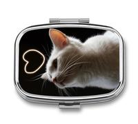 White Cat Heart Pill Case Box with 2 Compartment Medicine Vitamin Organizer for Purse Pocket 5.5x4cm
