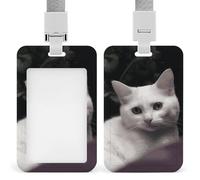 White Cat Id Badge Holder with Lanyard, Clear Vertical Card Protector Waterproof, Breakaway Safety Neck Strap, Heavy Duty Name Tag Holder for Nurse Teacher Officer Staff Women Men