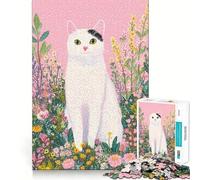 White Cat in A Colorful Flower Meadow Adult Jigsaw Puzzles1000 Pieces Brain Game Gift High Precision Die Cut Relaxing Indoor Group Activity (38x26cm)