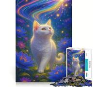 White Cat in A Floral Dreamscape 1000-piece Jigsaw Puzzles Brain Focus Game Expert Cutting Craftsmanship Fascinating Hobby for Idle Moments (38x26cm)