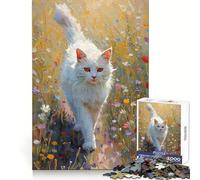White Cat in A Floral Meadow 1000 Pieces Jigsaw Puzzles for Adults Sharp Memory Serene Escape Neat Edges Ideal Present (50x75cm)