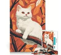 White Cat in Autumn Leaves Jigsaws for Adults1000 Pieces Brain Memory Game Fine Cut Premium Finishing Engaging Way to Pass Free Hours (38x52cm)