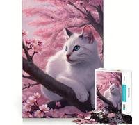 White Cat in Cherry Blossom Tree Jigsaw for Teenagers 1000 Pieces Mind Boost Fun Clean Cut Sturdy Components Heartwarming Gathering Activity (38x52cm)