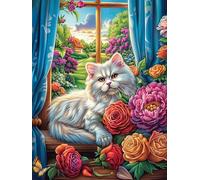 White Cat in Cozy Window with Roses 500-piece Jigsaw Puzzle Set Fairy Tale Scenery Cartoon For Adults Teens 14+ Logic Skill Indoor Game Family Game Night Summer Durable Material 500 PCS