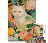 White Cat in Floral Garden Painting 1000 Pieces Jigsaw Puzzles for Adults Sharp Memory Serene Escape Neat Edges Ideal Present (38x26cm)