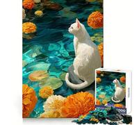 White Cat in Floral Pond 1000 Piece Jigsaw Puzzles for Teenagers Logical Skill Leisurely Pursuit Precise Join Fine Xmas Gift (50x75cm)