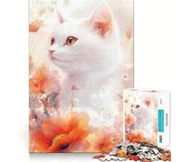White Cat in Floral Watercolor 1000 Pieces Puzzles for Teenagers Mind Boost Fun High Accuracy Cutting Craft Calming Mental Break Activity (38x52cm)