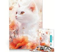 White Cat in Floral Watercolor Adult Jigsaw Puzzles1000 Pieces Brain Game Gift High Precision Die Cut Relaxing Indoor Group Activity (38x26cm)