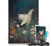 White Cat in Flower Field 1000 Piece Puzzle For Adults Mind Skill Play Laser Cut for Flawless Fit Rewarding Activity for Rainy Days (38x52cm)