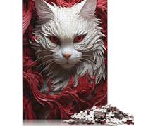 White Cat in Flowers 500 Pieces Puzzles for Adults, Jigsaw Puzzles 500 Pieces, DIY Puzzle Toy As Birthday Gifts 500pcs (52x38cm)