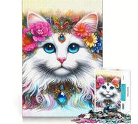 White Cat in Flowers Jigsaw 1000 Pieces for Teenagers Mind Boost Fun Zero Gap Captivating Leisure for Cozy Indoors (38x26cm)