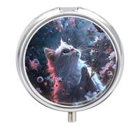 White Cat in Flowers Pill Box, 3 Compartment Small Pill Case Waterproof Travel Pill Organizer for Pocket Or Purse Portable Mini Medicine Tablet Vitamin Holder Pill Case