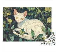 White Cat in Garden Jigsaw Puzzles Puzzle for Adults Kids. 1000 Piece Whimsical Challenge Toy Educational Game Home Decoration for Adults& Kids Age 14 Years Up 52x38cm/1000pcs