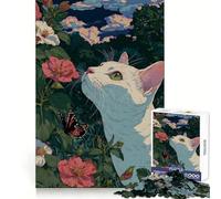 White Cat in Garden with Butterfly for Adults 1000 Piece Puzzle Think Training Serene Escape Defined Edges Creative Gift (50x75cm)