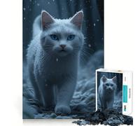 White Cat in Winter Snowfall Jigsaw 1000 Pieces Focus Building Toy Zero Gap Rewarding Activity for Rainy Days (38x52cm)