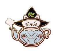 White Cat Kitten Teapot Magic Witch Hat Halloween Kawaii Tea Kettle Pot Cute 1.25" Enamel Pin