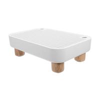 White Cat Litter Box Ramp with Wooden Legs, Spill-blocking Step | ABS Wood Build, Vertical Slot Sand Separation, Nonslip Foot Pads, for Older Cats and Small Cats