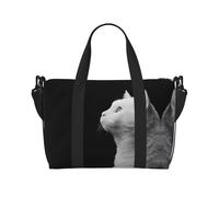 White cat looking into the distance Printed Travel Tote Bag, Large Capacity Gym Bag, Lightweight Weekend Travel Shoulder Bag, Unisex