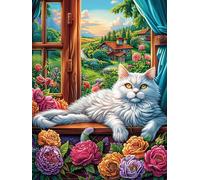 White Cat Napping on A Windowsill 500 Piece Jigsaw Puzzle for Adults Teens Science Fiction Magical Dream Bedroom Wall Art Sleep Aid Calming Design Great Gift for Insomnia Sufferers 500 PCS