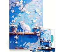 White Cat on Blue Wall 1000 Piece Jigsaw Puzzles Mind Challenge Toy High Precision Die Cut Amusing Challenge for Waiting Time (50x75cm)