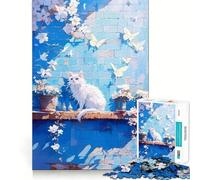 White Cat on Blue Wall 1000-piece Puzzle for Teenagers Mind Skill Fun Uniform Size Precise Pieces Relaxing Indoor Group Activity (38x26cm)