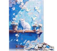 White Cat on Blue Wall Jigsaw Puzzles Puzzle for Adults Kids. 1000 Piece Whimsical Challenge Toy Educational Games Home Decoration for Educational Games Gifts 1000pcs (40x28cm)