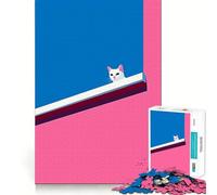 White Cat on Pink And Blue Wall Jigsaw Puzzle 1000 Think Boost Game Tight Lock No Loose Pieces Interactive Brain Challenge for Home (50x75cm)