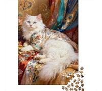 White Cat on Silk 1000 Pieces Paper White Cat Puzzles for Teens Precision-engineered Stress Reliever Screen-free Activity 70x50cm/1000pcs