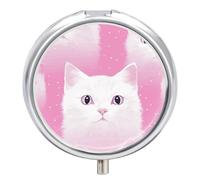 White Cat Pattern Pill Box Cute Round Pill Case Portable Medicine Tablet Vitamin Holder Organizer for Purse Pocket