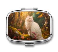 White Cat Pink Flower Pill Case Box with 2 Compartment Medicine Vitamin Organizer for Purse Pocket 5.5x4cm