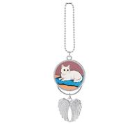 White Cat Rear View Mirror Car Charms with Angel Wings Design - Elegant Hanging Pendant Ornament for Women Men, Zinc Alloy Auto Interior Decor for Cars, SUV, Truck (Silver)