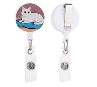 White Cat Retractable Badge Reel - Personalized ID Name Badge Holder with Lanyard Cute Badges Reel Holder Round Nurse Doctor Name Tag Badges Clip for Work