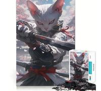 White Cat Samurai Jigsaw for Teenagers 1000 Pieces Mind Boost Fun Clean Cut Sturdy Components Heartwarming Gathering Activity (50x75cm)