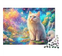 White Cat Sits by Colorful, Starry Riverside 1000 Piece Jigsaw Puzzle Cute Cat Brainteasing Fun for Adults & Kids 52x38cm/1000pcs