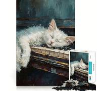 White Cat Sleep On Piano 1000 Adult Pieces Jigsaw Puzzle Mind Challenge Toy Neat Cut Perfect Alignment Family Fun Night Activity (38x52cm)