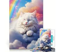 White Cat Sleeping Clouds Jigsaw 1000 Pieces for Teenagers Mental Boost Game Firm Fit Secure Assembly Family Fun Night Activity (38x52cm)