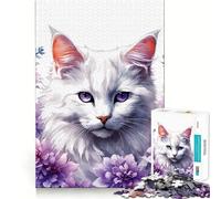 White Cat Surrounded by Purple Flowers 1000 Piece Jigsaws for Adults Brain Recall Game Tight Interlock No Gaps Calming Mental Break Activity (38x26cm)