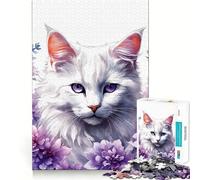 White Cat Surrounded by Purple Flowers Adults Puzzles 1000 Piece Jigsaws Recall Skill Fun High Precision Die Cut Easy to Learn Family Enjoyment (38x52cm)