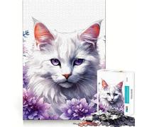White Cat Surrounded by Purple Flowers Jigsaw for Adults 1000 Pieces Brain Memory Game Laser Cut for Flawless Fit Unique Gift for Stress Relief (50x75cm)