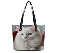 White Cat Tote Bag Large Soft Leather Purse with Zipper Lightweight Ladies Shoulder Handbag