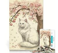 White Cat Under Cherry Blossom Tree 1000 Piece Jigsaw Puzzles for Teenagers Recall Fun Play Tight Interlock No Gaps Family Fun Night Activity (38x52cm)