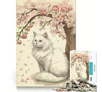 White Cat Under Cherry Blossom Tree 1000 Piece Jigsaw Puzzles Mind Challenge Toy High Precision Die Cut Amusing Challenge for Waiting Time (38x26cm)
