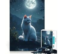 White Cat Under Moonlight Jigsaw 1000 Piece Mind Skill Play Stable Fit No Shifting Parts Enjoyable Pastime for Long Weekends (38x52cm)